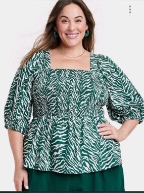 AVA & VIV Green Zebra Print Smocked Peplum Top Tie Back Flowy Short Sleeve Top